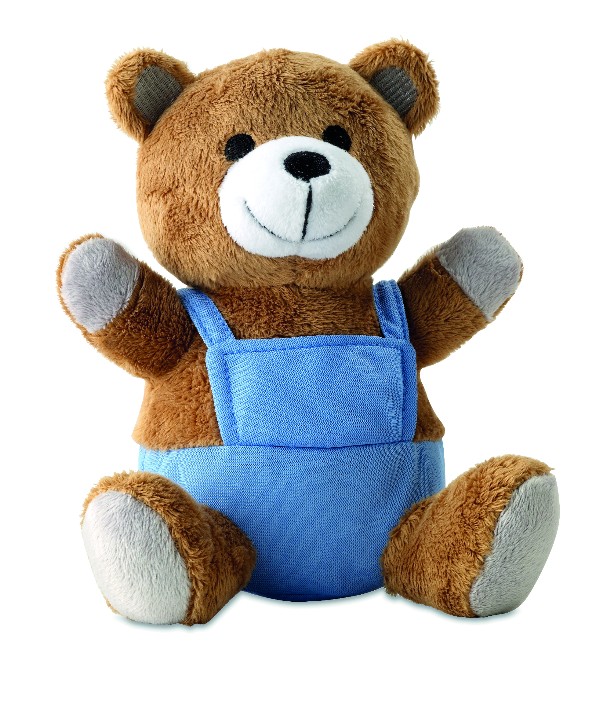 Plüschfigur, Teddy, Beutelträger, braun, blau, Plüschbär, Teddybär, Plüschfigur, Bodysuit?, Hose, Plüschbär, Teddy, brauner Bär, blaue Latzhose, figures Spielzeug, Plüschaffe, Teddy, Stofftier, blaues Outfit, Kleber?