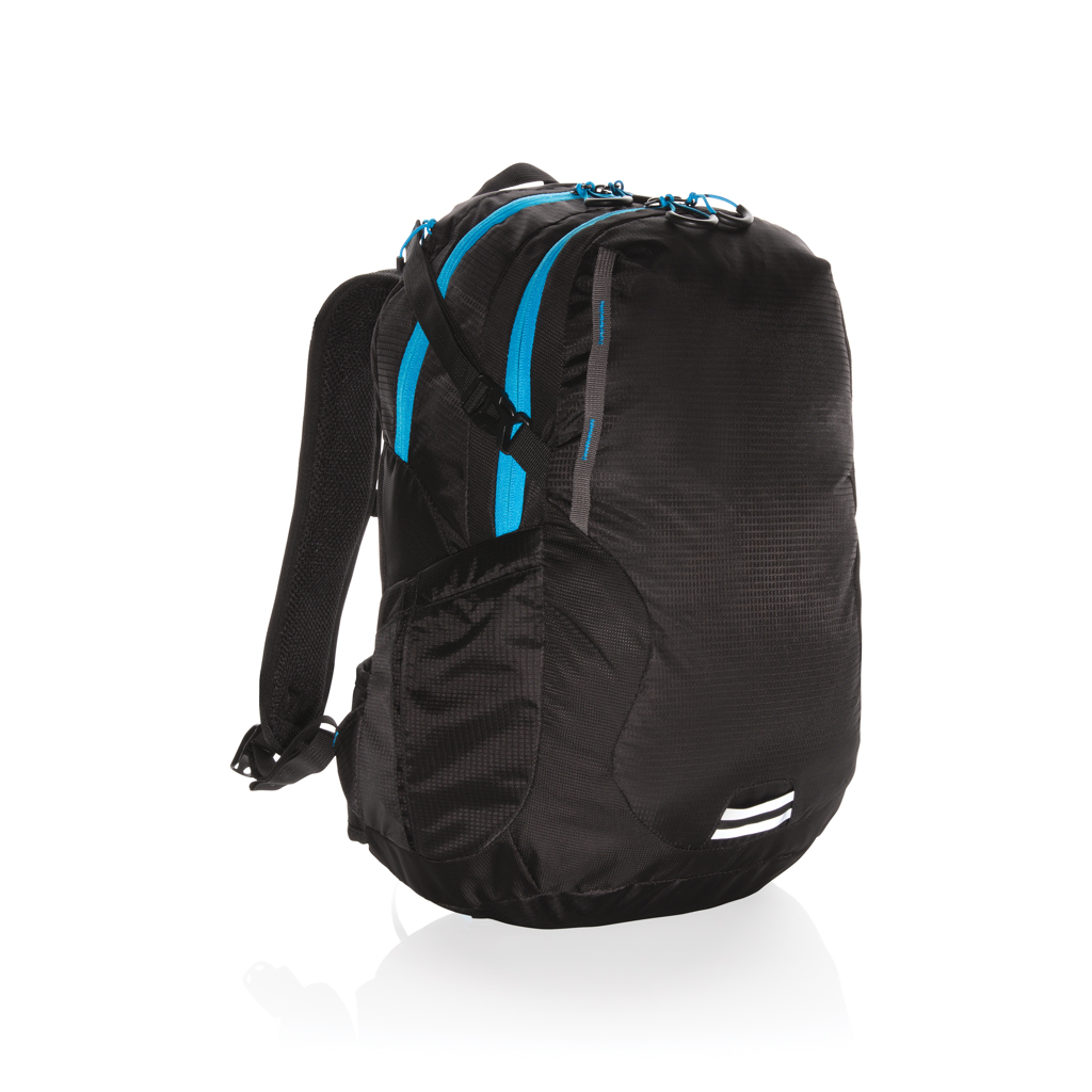 Rucksack, Schwarzer Rucksack, Blaue Reißverschlüsse, Schultergurte, Wander-Rucksack