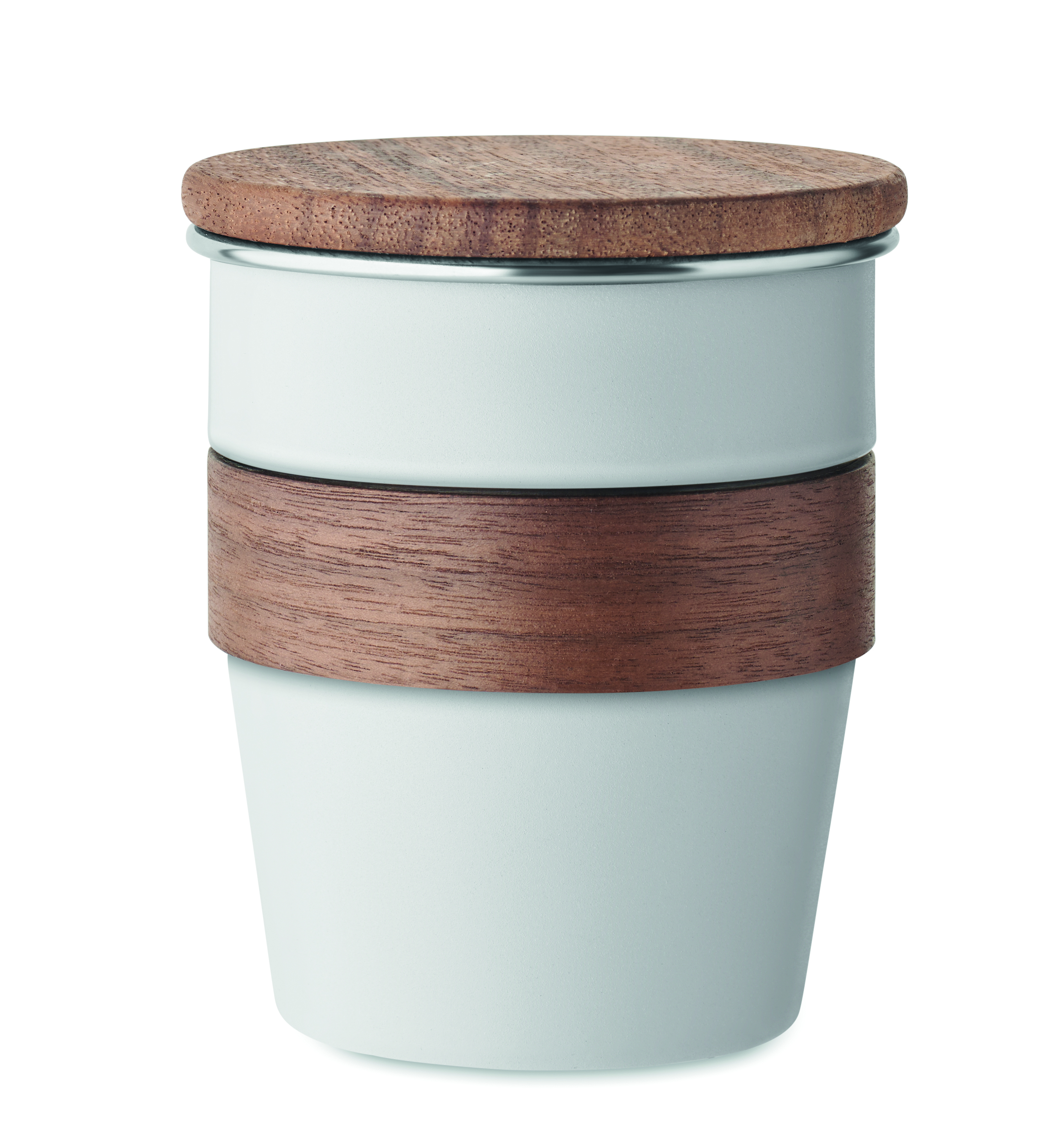 Becher, Kaffee-Becher, Holzdeckel, Keramikkrug, Mehrfarbig, Kaffeebecher, Becher, Holzdeckel, Mikro-Travel-Becher, Holzbanderole, Travel mug, Ceramic cup, Wood lid, Wooden band, Light blue