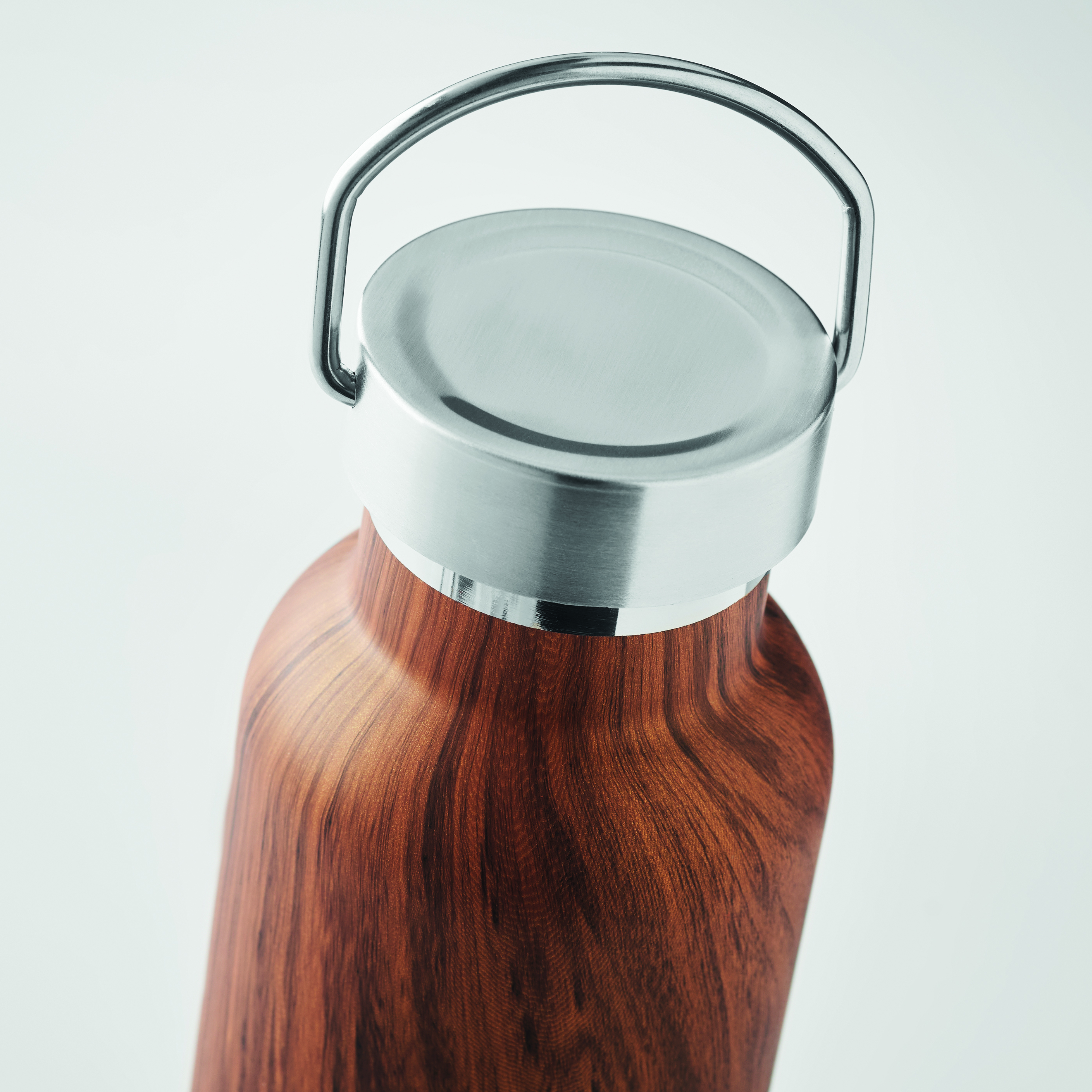 Thermos, Wasserflasche, Holzmaserung, Metalldeckel, Trageschlaufe