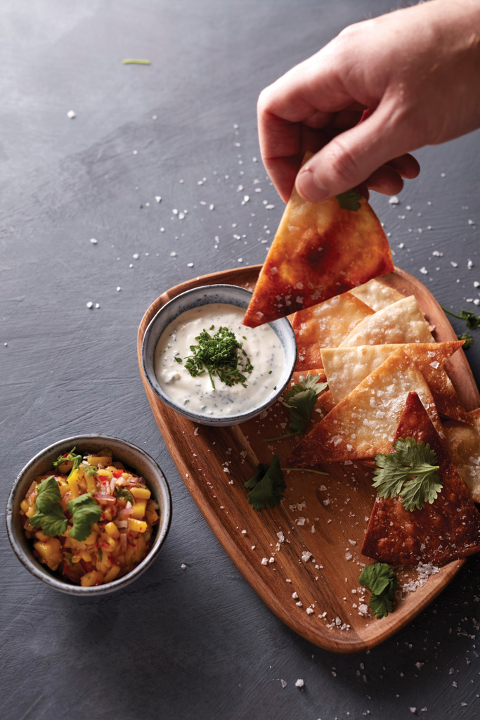 Essen, Präsentation des Essens, Tortilla-Chips, Salsa, Dipp-Sauce, Koriander, Kleine Platte