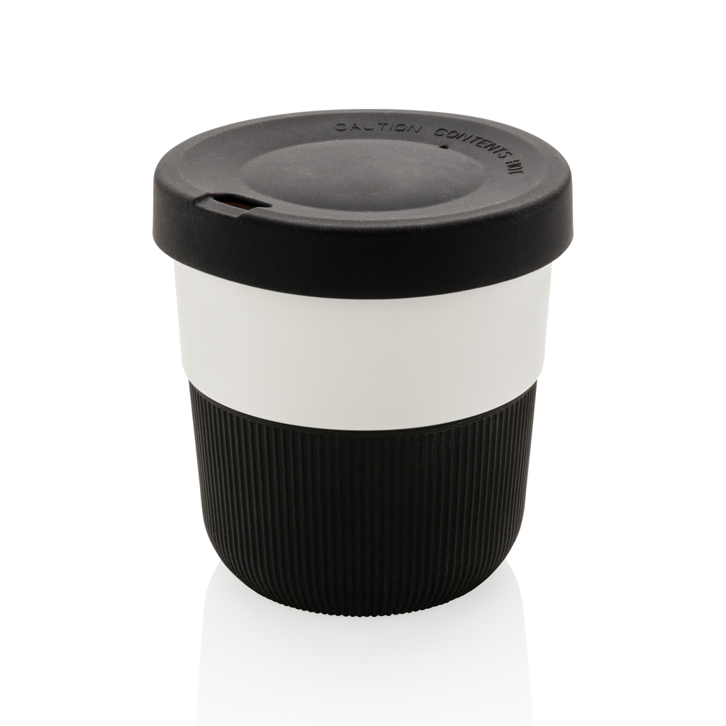 Kaffeebecher, To-Go-Becher, Trinkbehälter, Kunststoffbecher, Schwarz-Weiß-Design