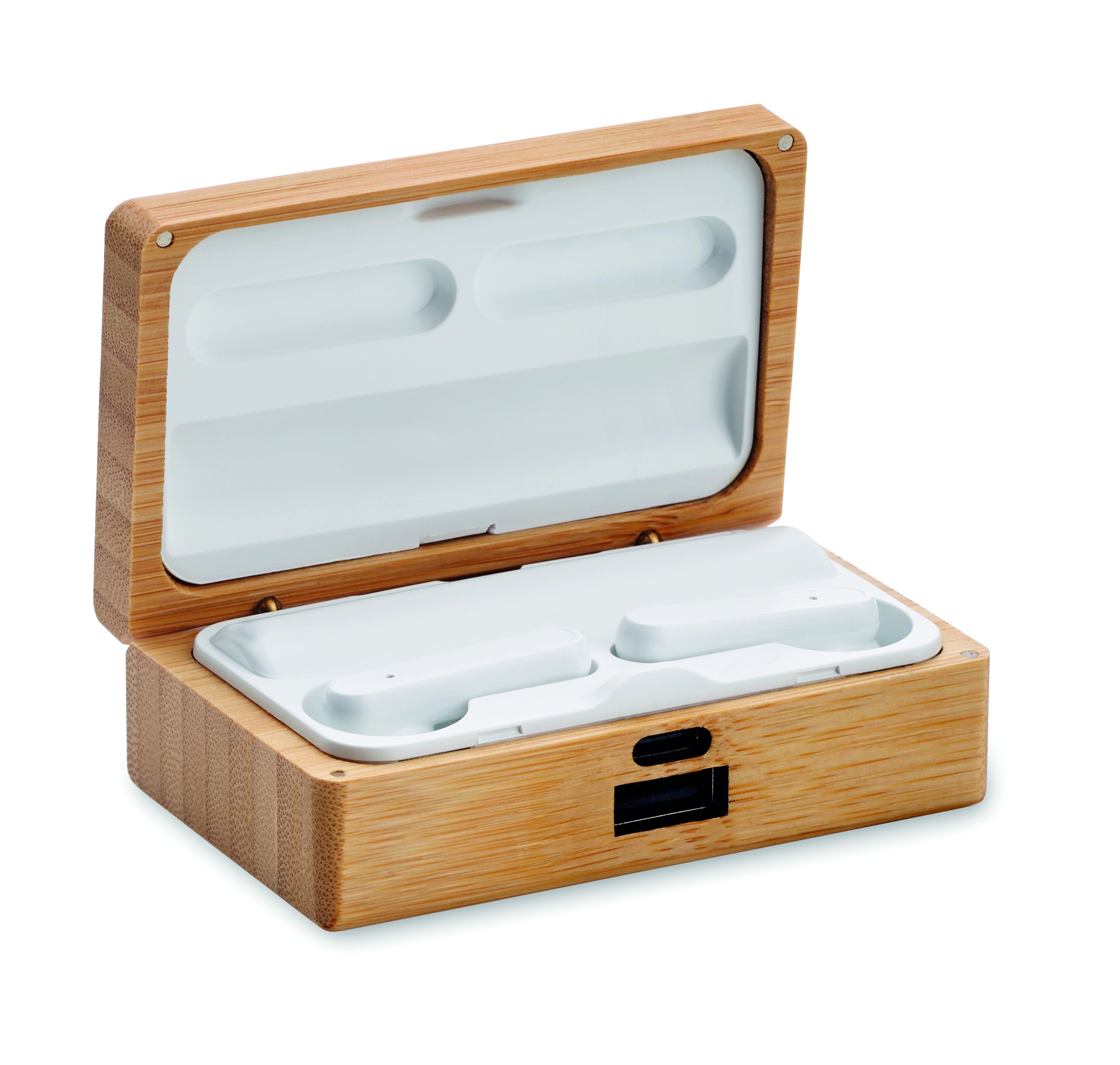 holzbox, ohrenstöpsel-etui, weiße-ohrhörer, ladebehälter, holzmaserung, holzener kasten, lippenverstauer, verpackung, hörerhülle, ladefach, Holzkoffer, Lade-Dock, Bluetooth-Ohrhörer, Weiß, klappbares Deckel