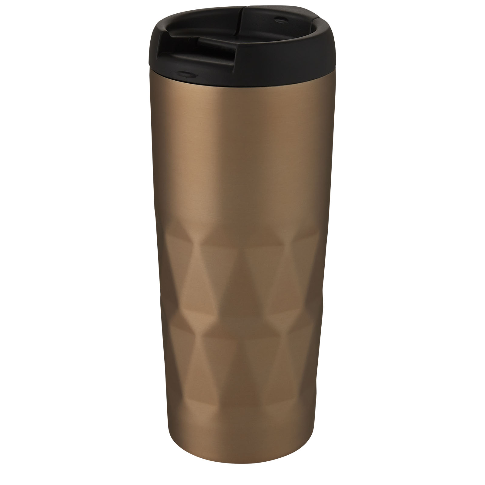 Travel mug, Stainless steel, Gold, Geometric pattern, Lid with snap, Reisebecher, Isoliert, Braun, Geometrisches Muster, Auslaufsicherer Deckel