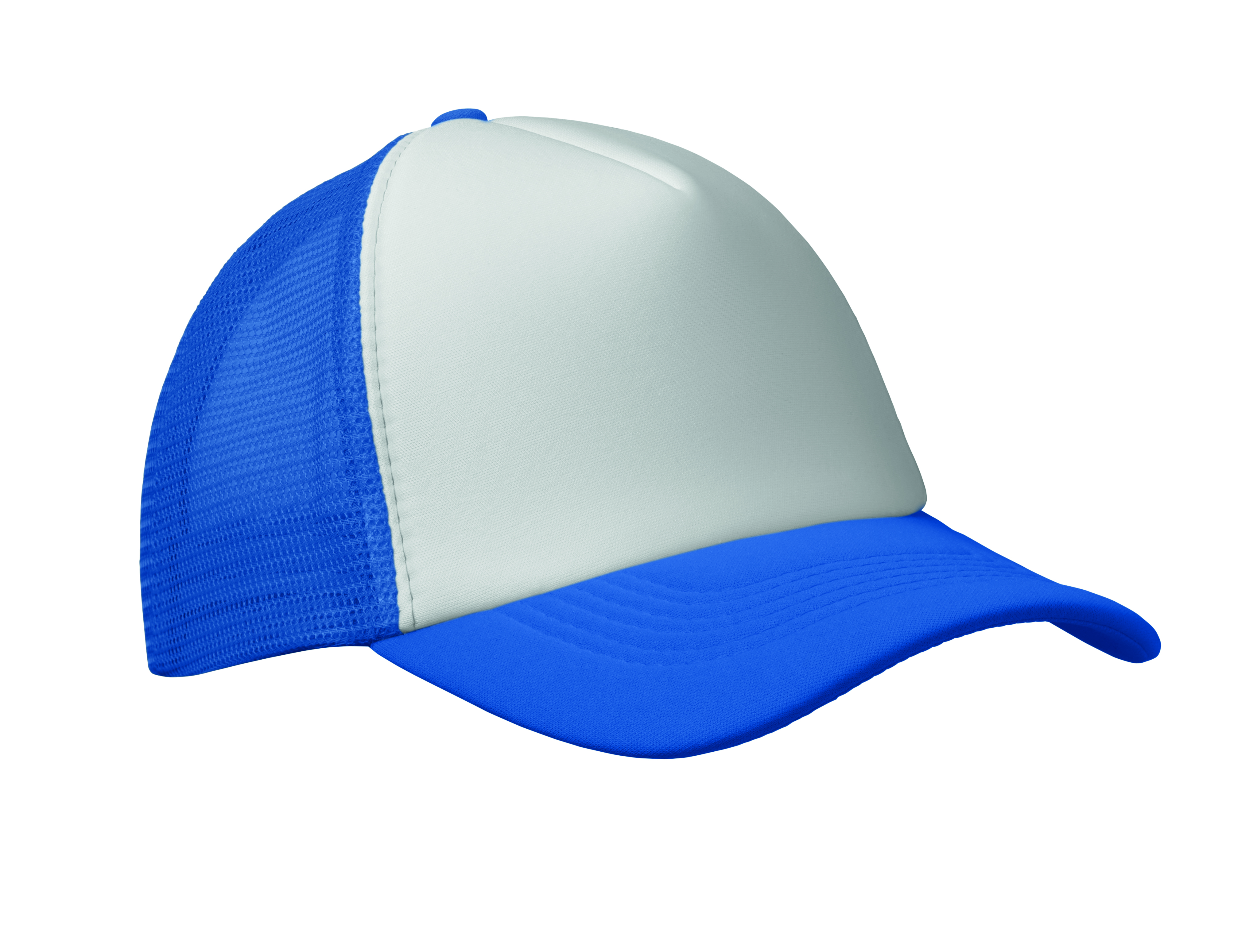 Baseballkappe, Blau, Mesh-Rücken, Graues Vorderteil, Gekrümmte Krempe, Baseballkappe, Mesh-Rücken, Blau, Graues Panel, Verstellbares Band, Baseballkappe, Mesh-Rückseite, Blau, Graues Vorderteil, Gebogter Schild