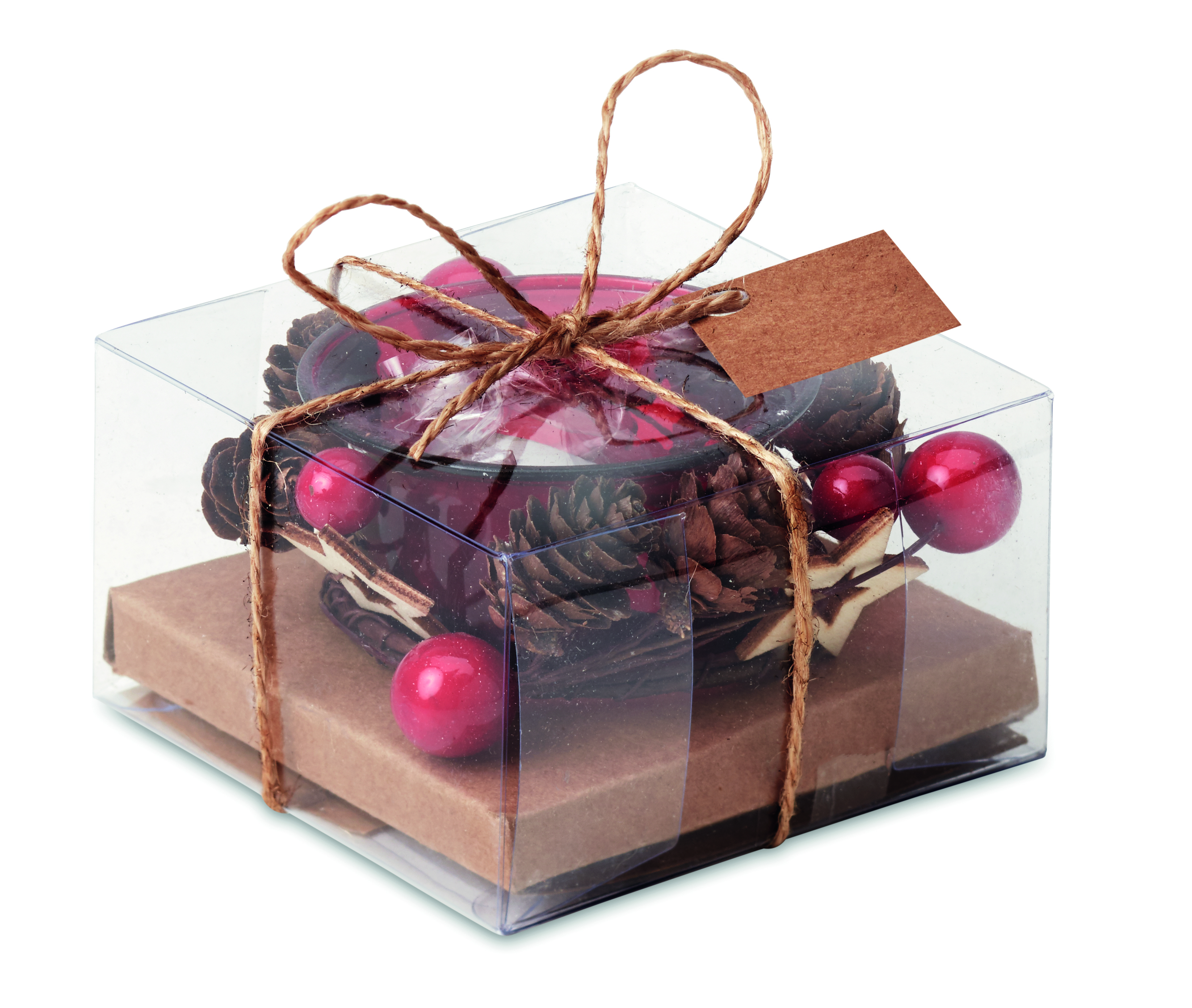 Geschenkverpackung, Kiste, Tannenzweige, Kiefernzapfen, Rotweiss Dekor, Geschenkverpackung, Kartonbox, Kunststoffbox, Kiefernzapfen, Christbaumdekoration, klaruß-Verpackung, Deko-Käfig, Kite-Chocolate, Kiefernzapfen, rote Beeren