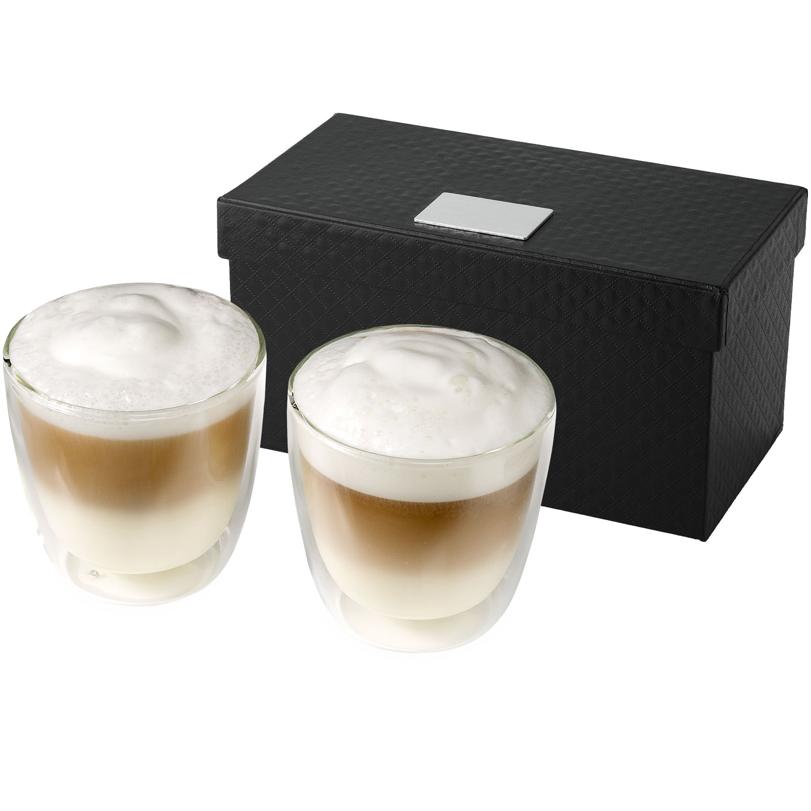 Kaffee-Set, Glasbecher, Doppelkafe, Milchschaum, Aufbewahrungskasten, Kaffeebecher, Doppeltes Glas, Milchkaffee, Schaumkrone, Aufbewahrungsbox, Kaffee, Latte, Doppelglas, Whiskey-Glas, Präsentbox