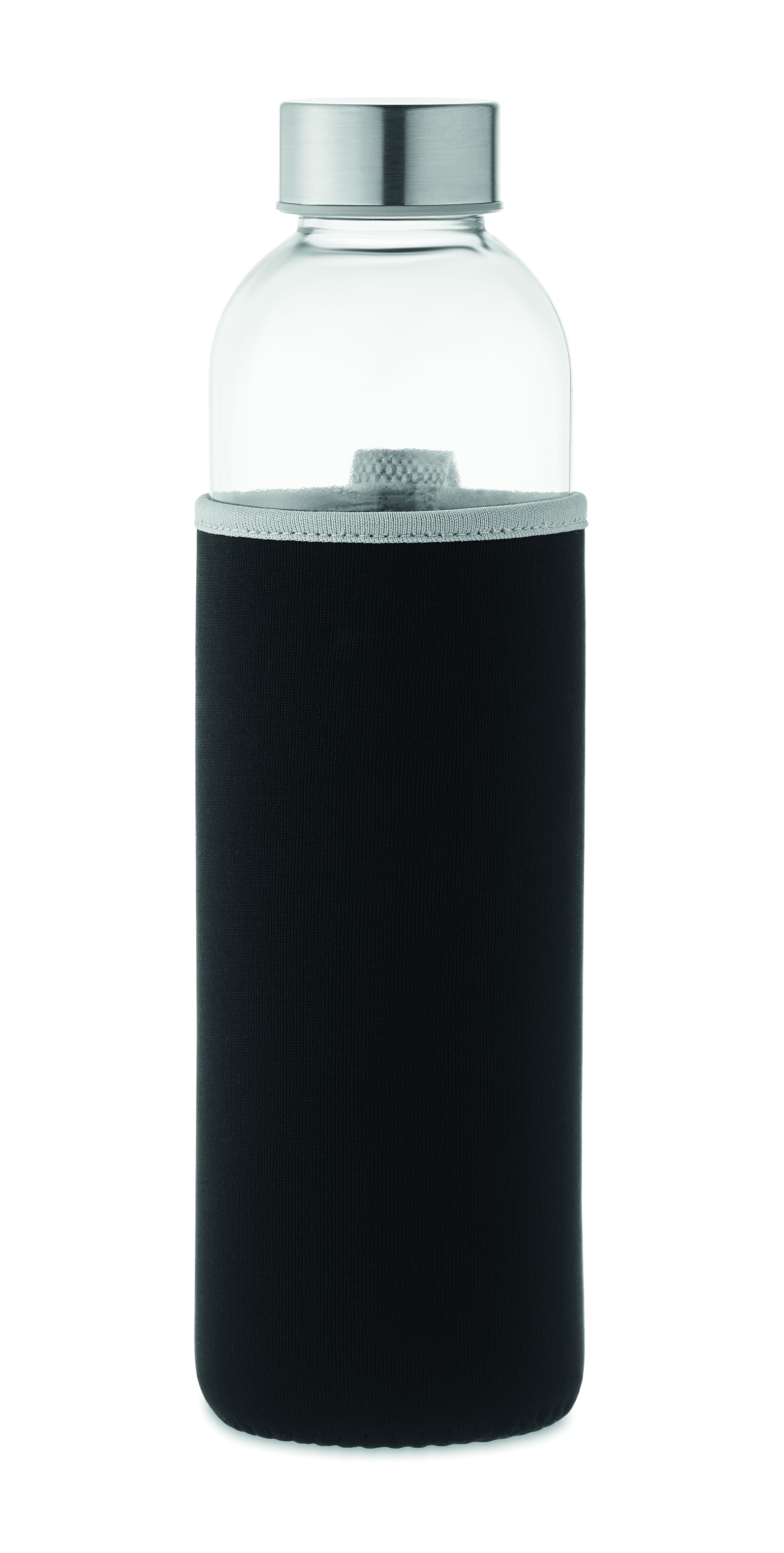 Trinkflasche, Glasflasche, Korken, Schutzhülle, Schwarz