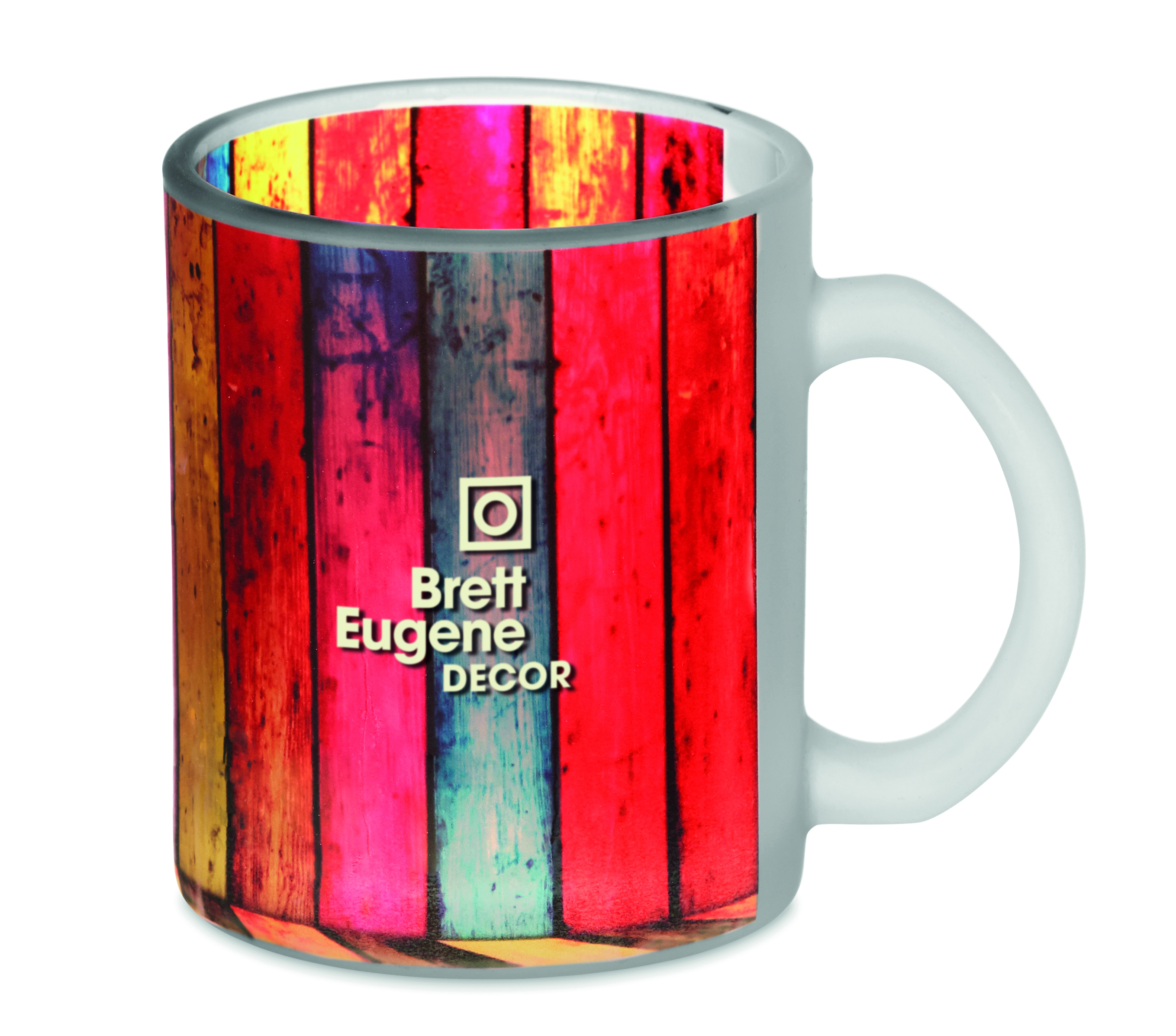 Tasse, Kaffeebecher, Holzoptik, bunte Streifen, Druck-Design