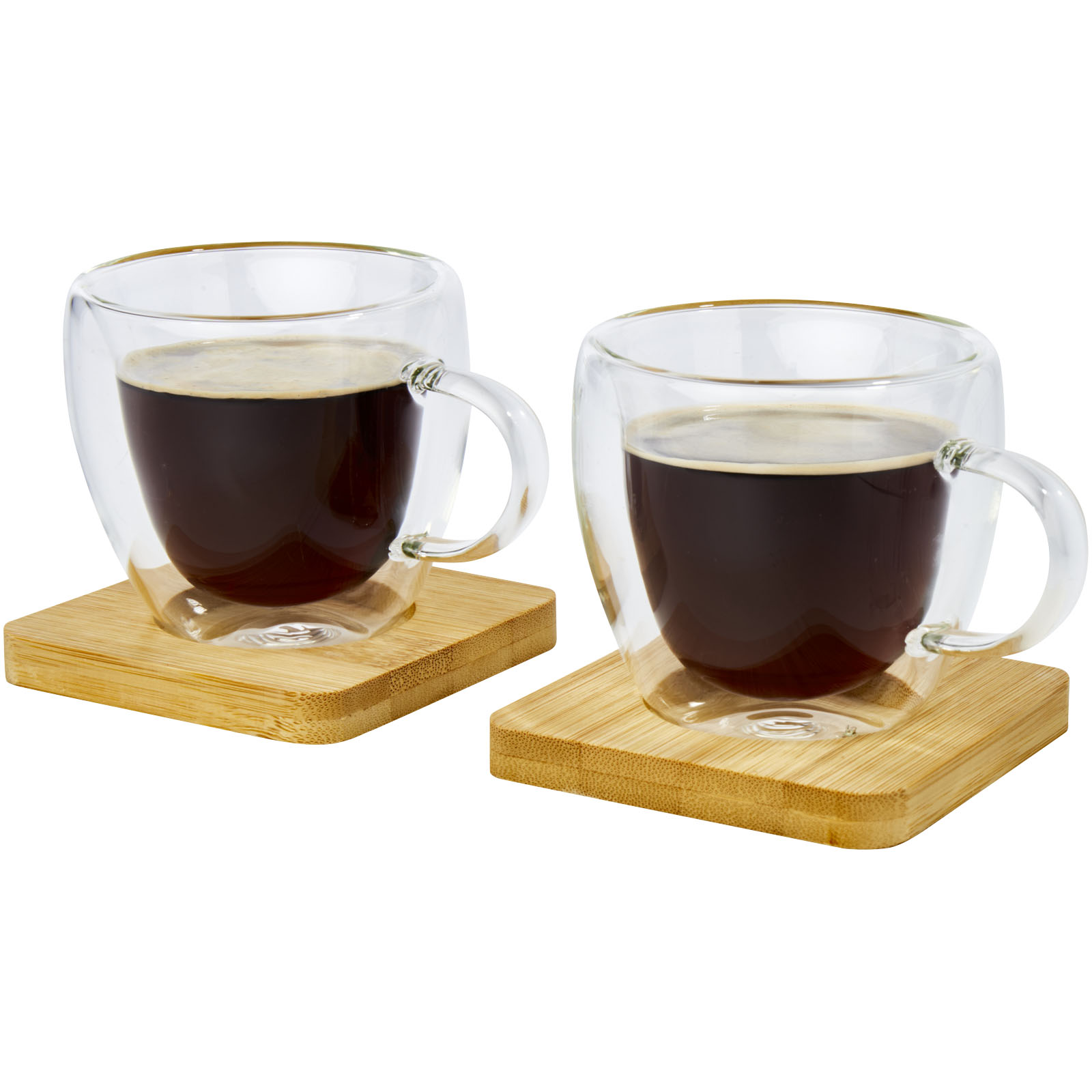 Kaffeebecher, Glassbecher, Doppel-Set, Holzuntersetzer, Kaffeegetränk