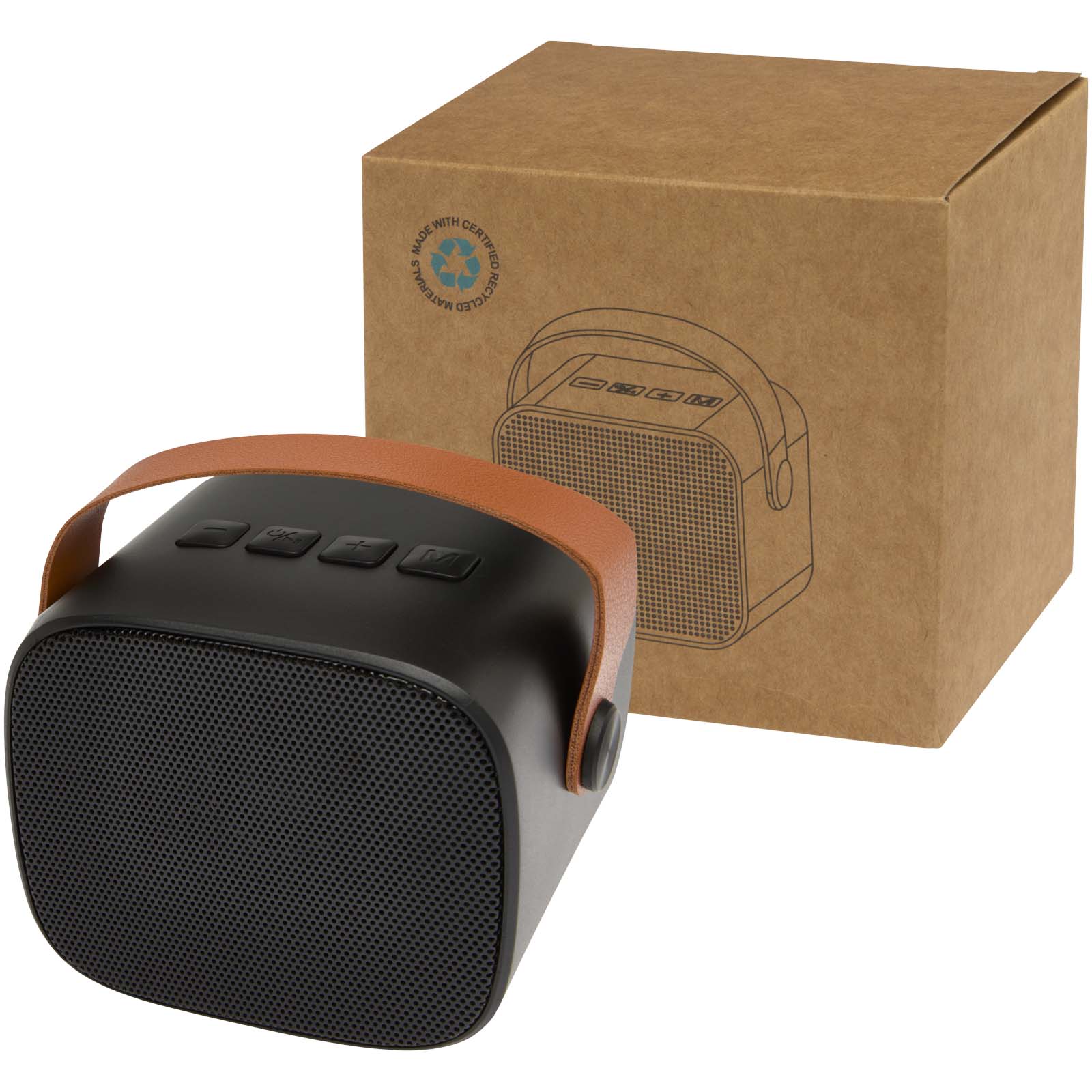 Bluetooth-Lautsprecher, tragbarer Lautsprecher, braunes Ledergriff, schwarzer Lautsprecher, kompakter Lautsprecher