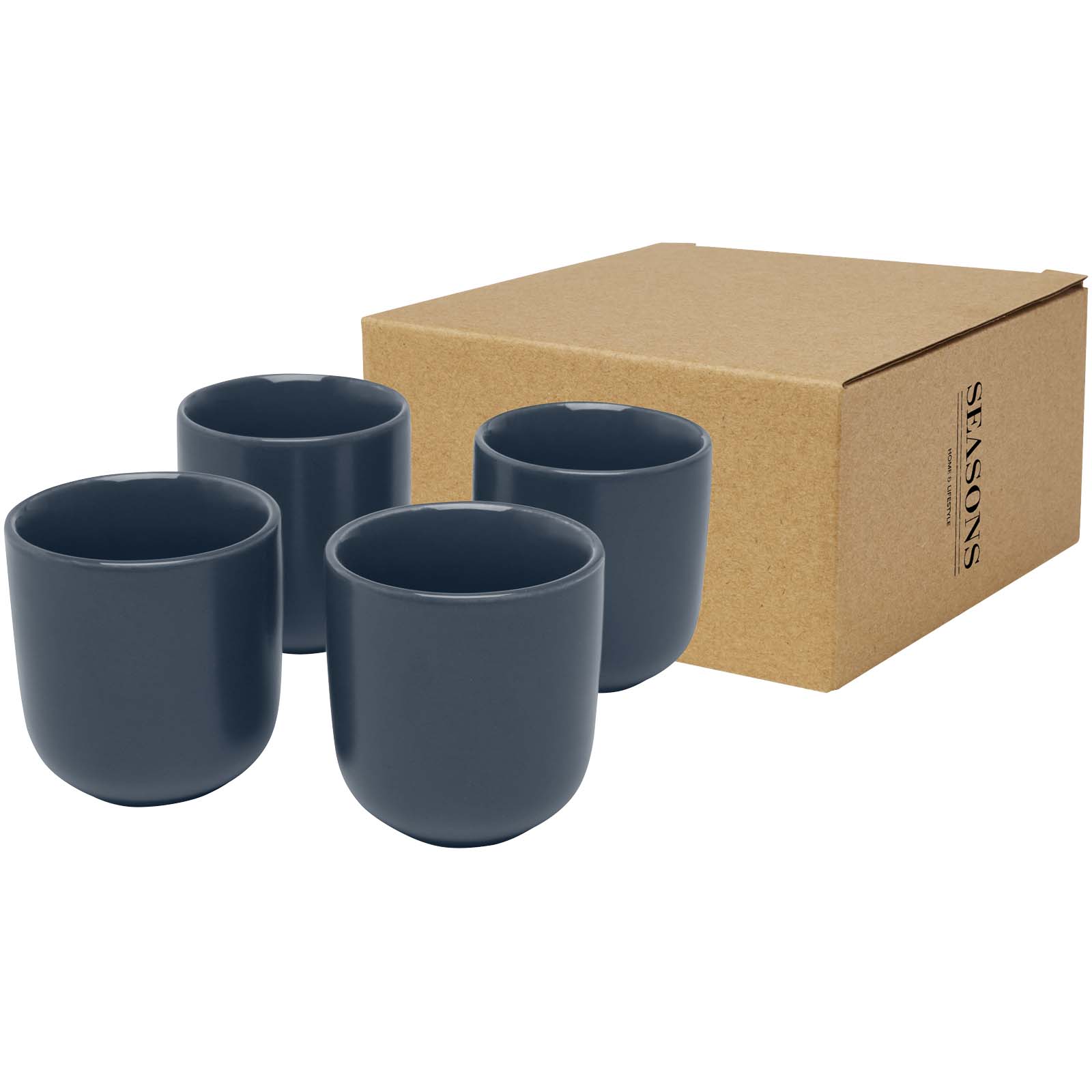 kaffeebecher, tassenset, keramik, blau, kartonbox mit logo