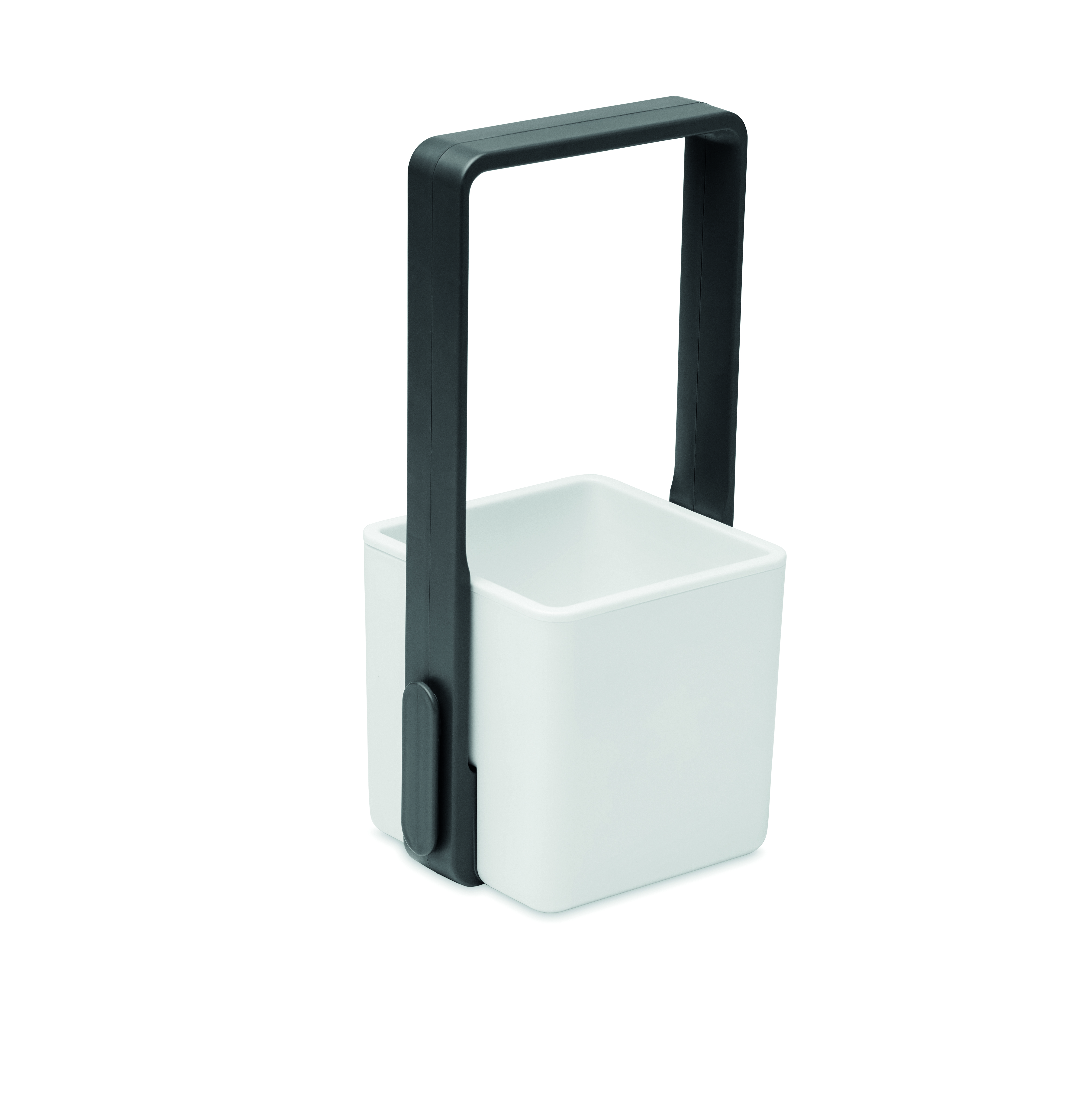 Becherhalter, Aufbewahrung, Küchenzubehör, Küchensystem, Weißer Becher, Becherspender, Küchenbehälter, Utensilienhalter, Körbchenhalter, Kunststoffbecher, Aufbewahrungsbehälter, Küchenware, Schwarz, Metallrahmen, Tragegriff