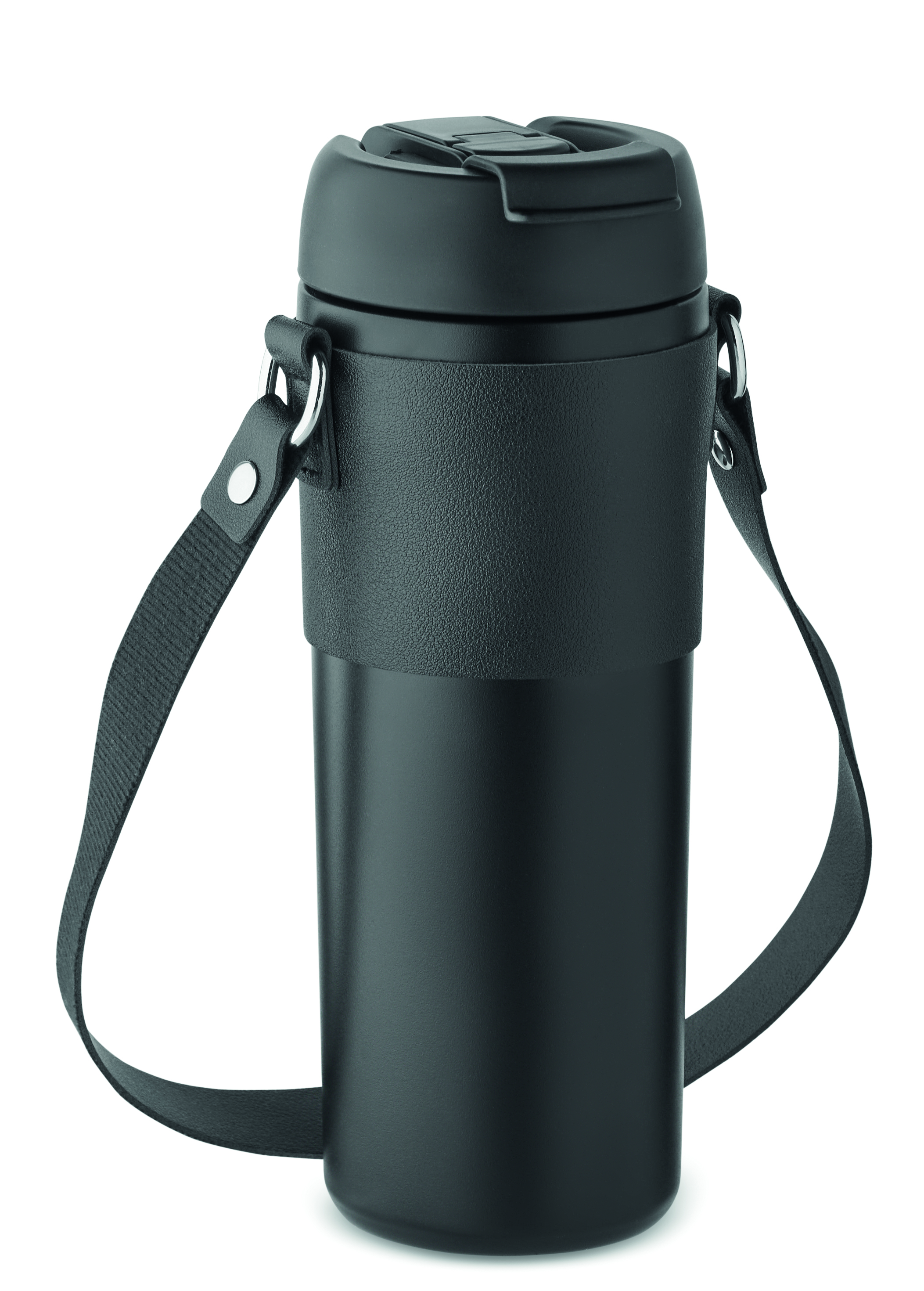 Flasche, Trinkflasche, Thermobecher, Schwarz, Tragegurt
