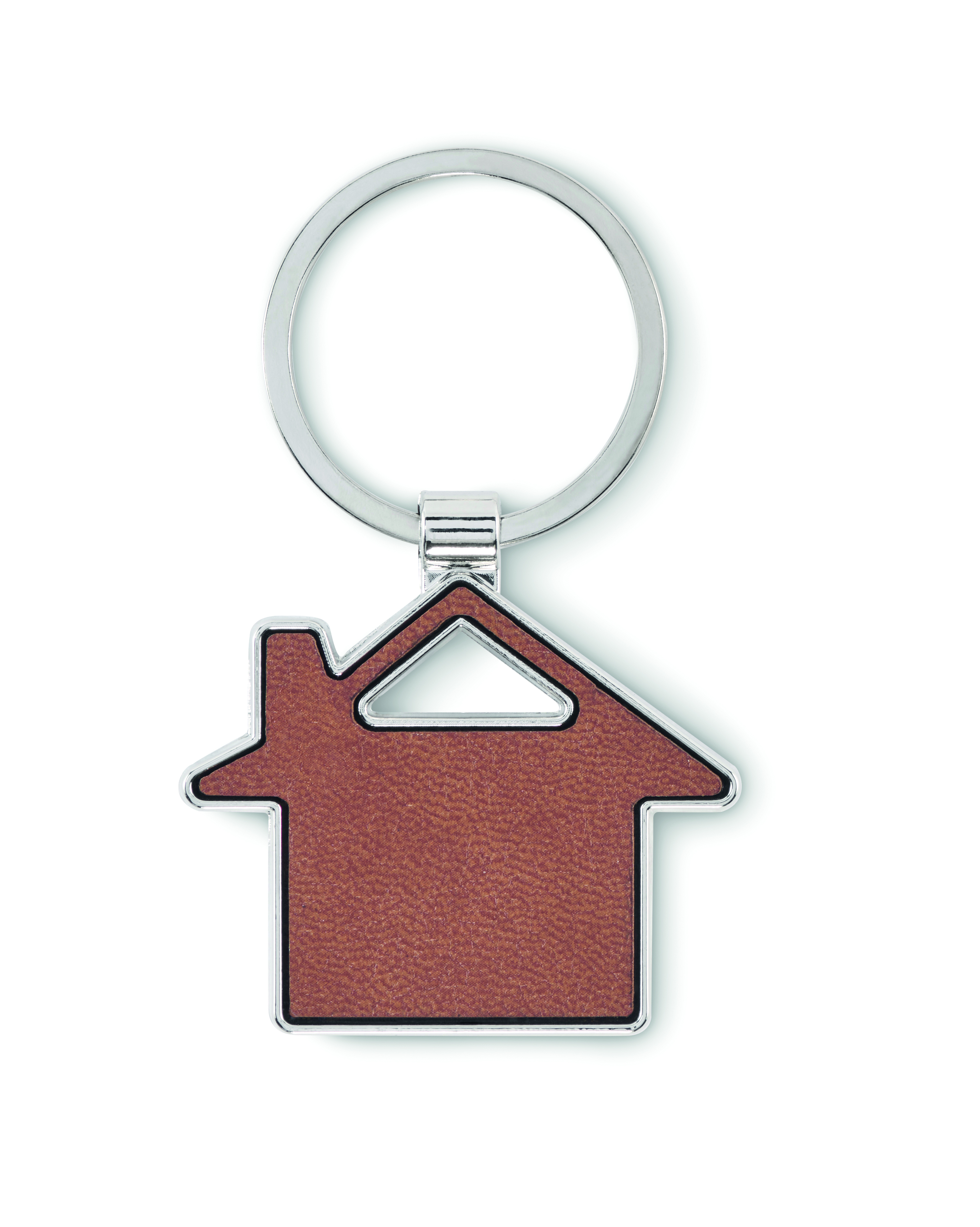 Schlüsselkette, Hausform, braun, Metallrand, Keychain, Schlüsselanhänger, Hausform, braun, Metall, Kunstleder, Schlüsselanhänger, Hausform, Braun, Metall, Haus