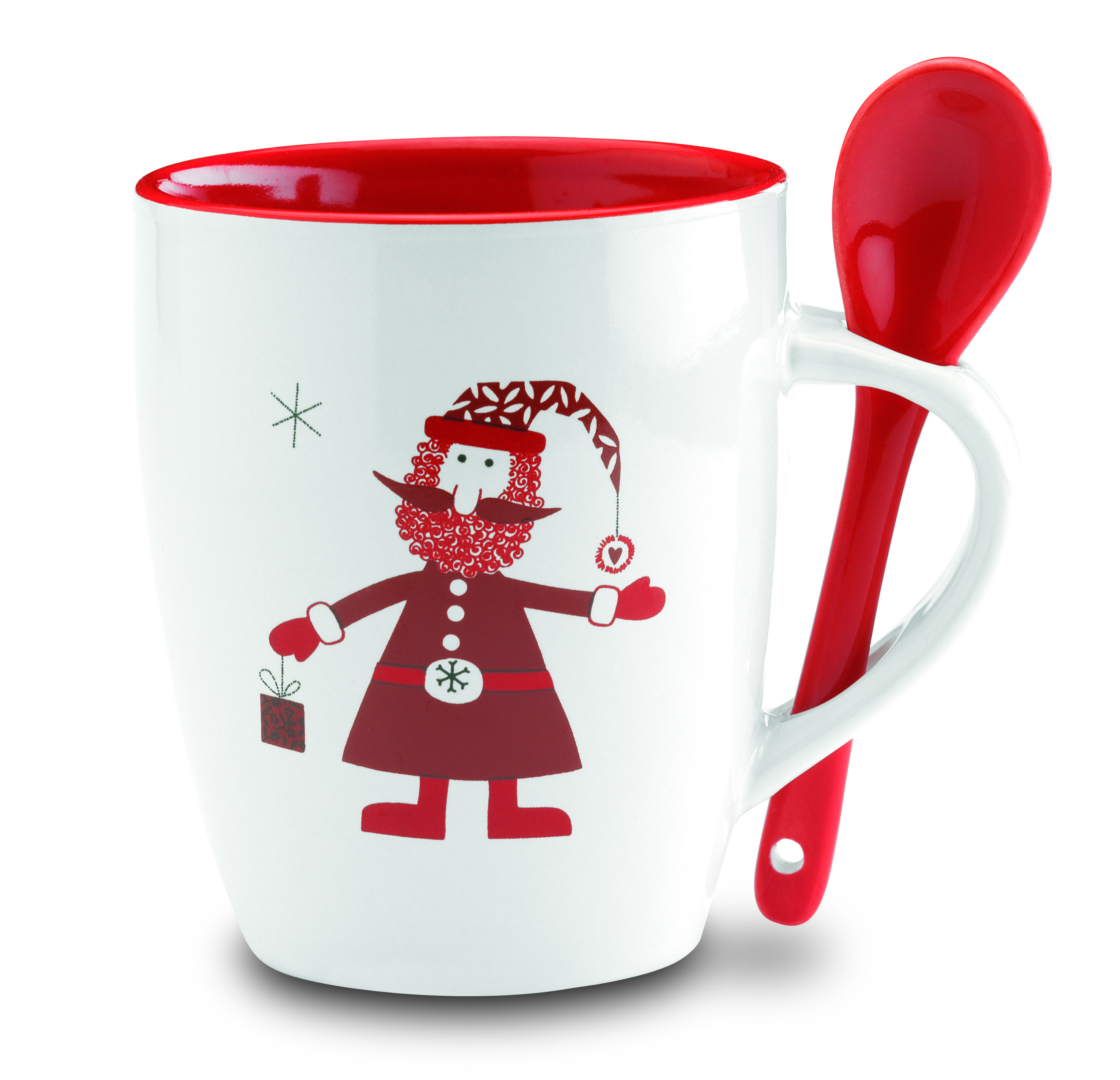 Tasse, Becher, Weihnachtsmuster, Rot, Beilöffel-Set, Weißer Becher, Weihnachtsmotiv, Rot Innenrand, Löffel-Set, Porzellan, Tasse, Becher, Weihnachtsmotiv, Rot, Löffelhalterung"