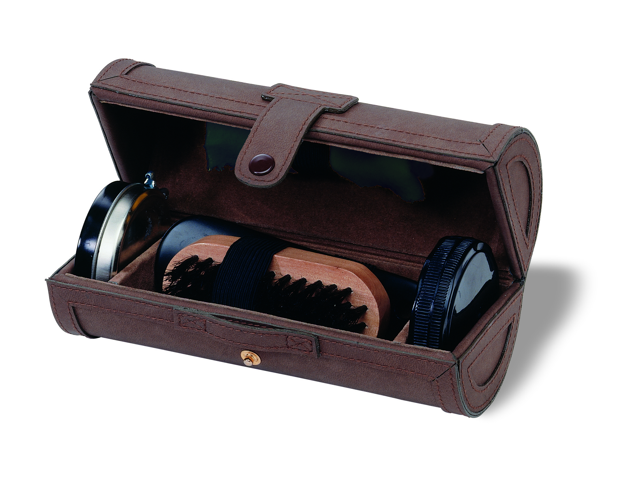 shoe-reinigungsset, bürste, streichleder, tuch, etui, shoe-polish-kit, brush, polish-container, lederetui, braun, shoe-polish-kit, brush, case, leder, pflegemittelrolle, Schuhpflegeset, Lederetui, Reiseetui, Schuhbürste, Kompaktset