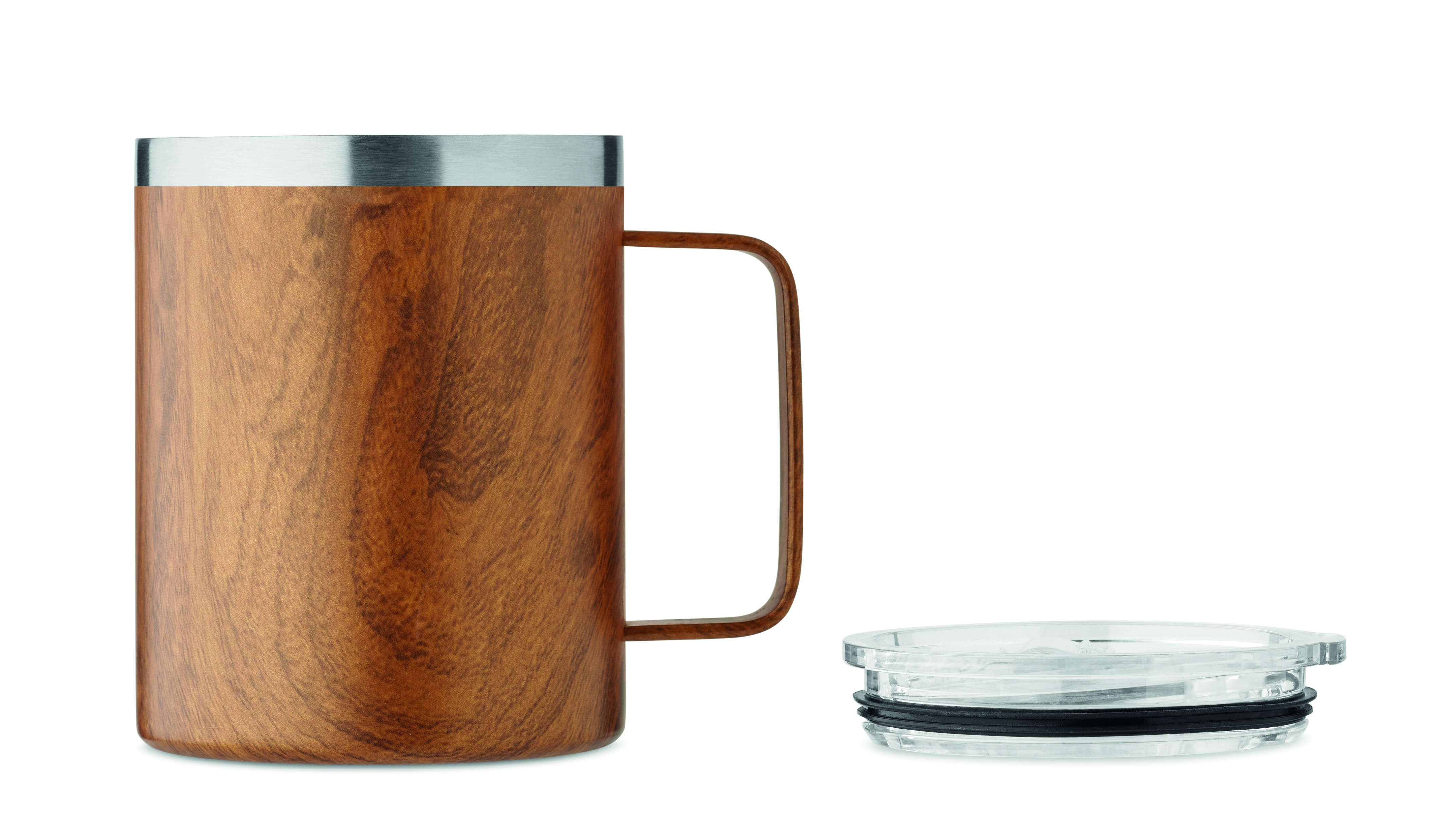 Reisemug, Holzoptik, Metallrand, Deckel enthalten, wiederverwendbarer Becher