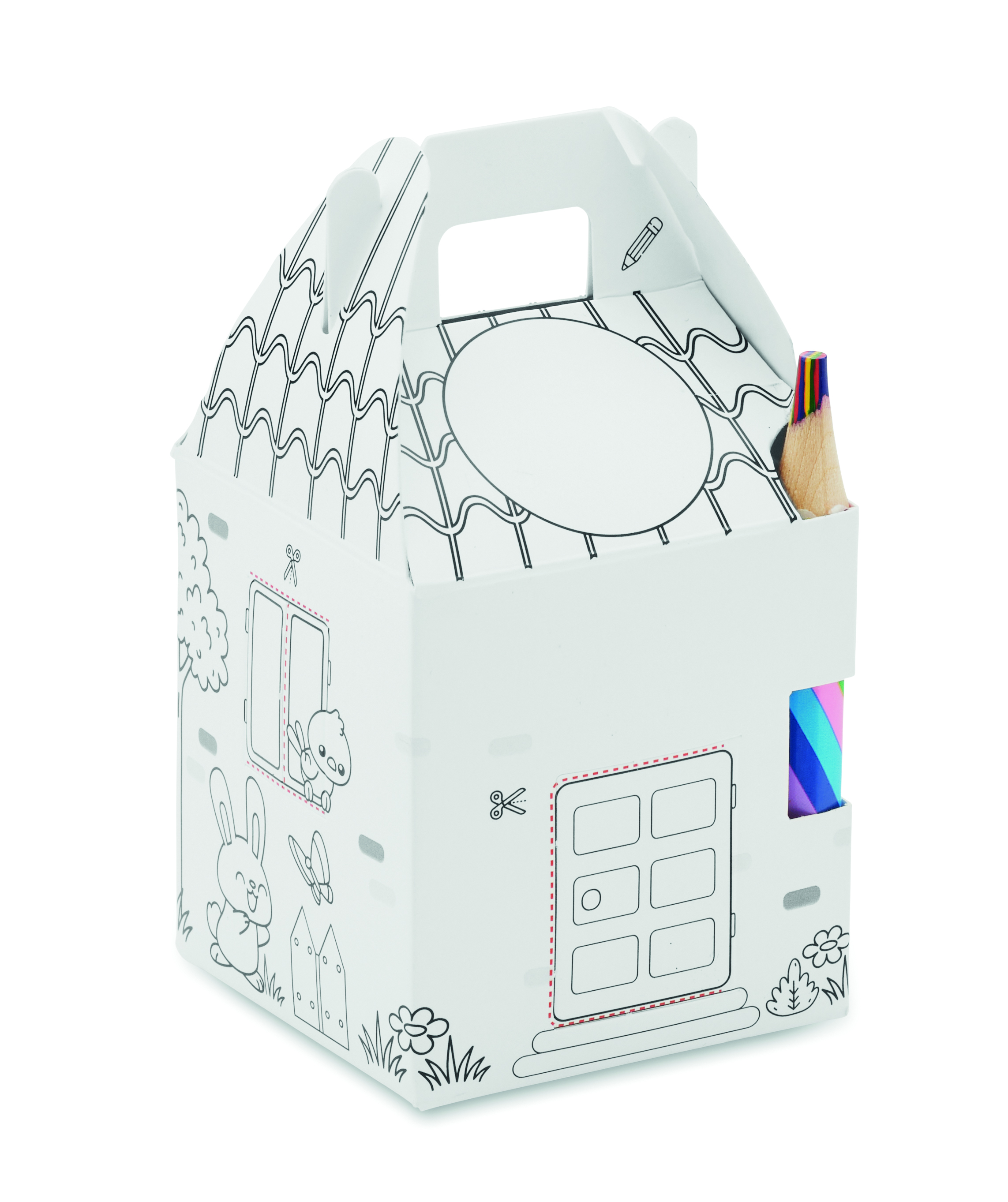 box, haus, cartoon, bleistift, zeichnungen, Kindergarten-Box, Malbox, Buntstifte, Doodle-Design, Hausmotiv, Spielzeugbox, Malkasten, Kastenform, Kinderbedarf, Puppenhaus