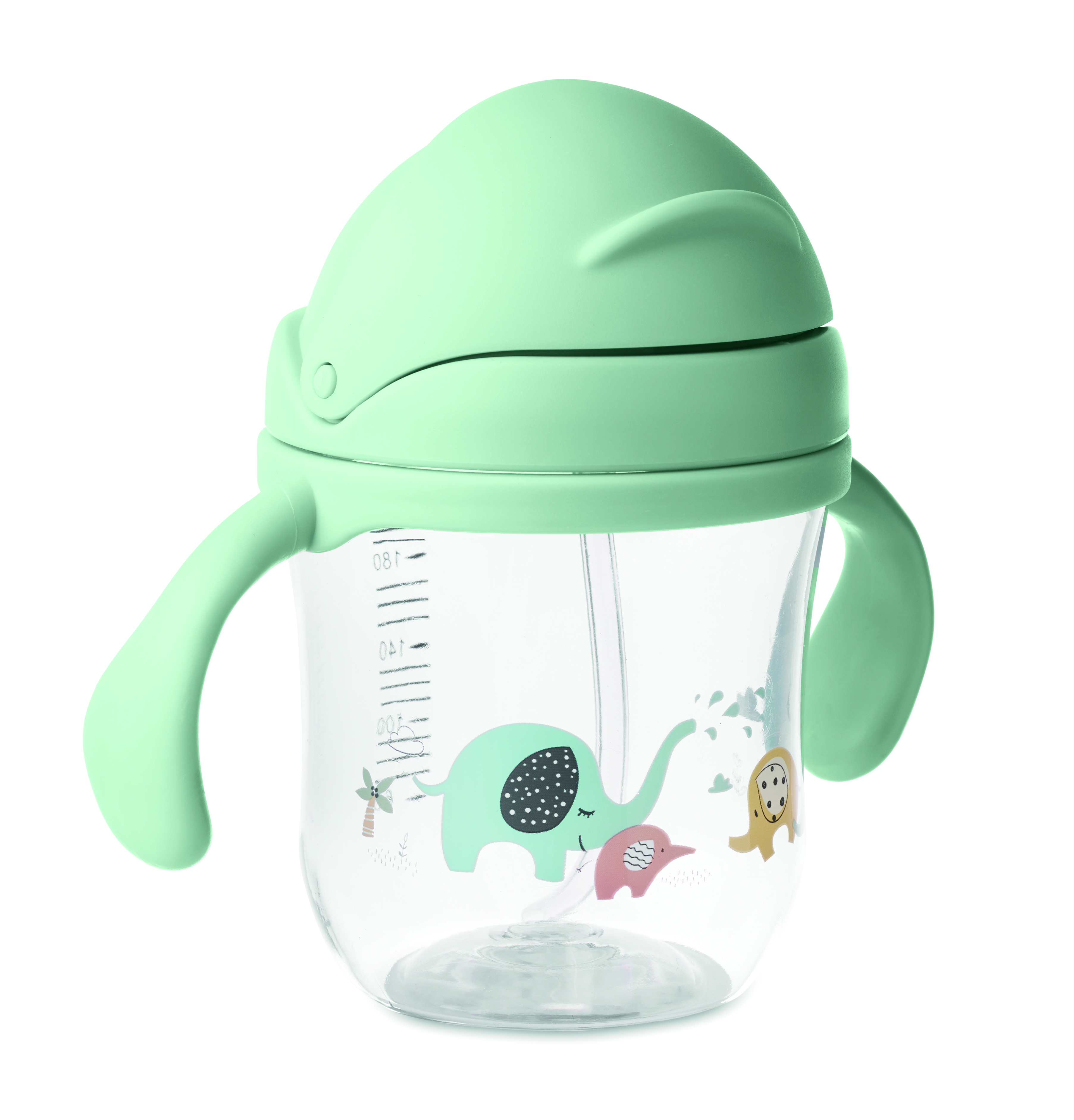 Trinkbecher, Sippy-Becher, Elefantendesign, grün, Trinkhalmfrei, Trinkbecher, Sippy-Behälter, Grün, Elefantendesign, Trinkverschluss, Kinderbecher, Sippy-Becher, Grün, Elefant-Motiv, Griffe