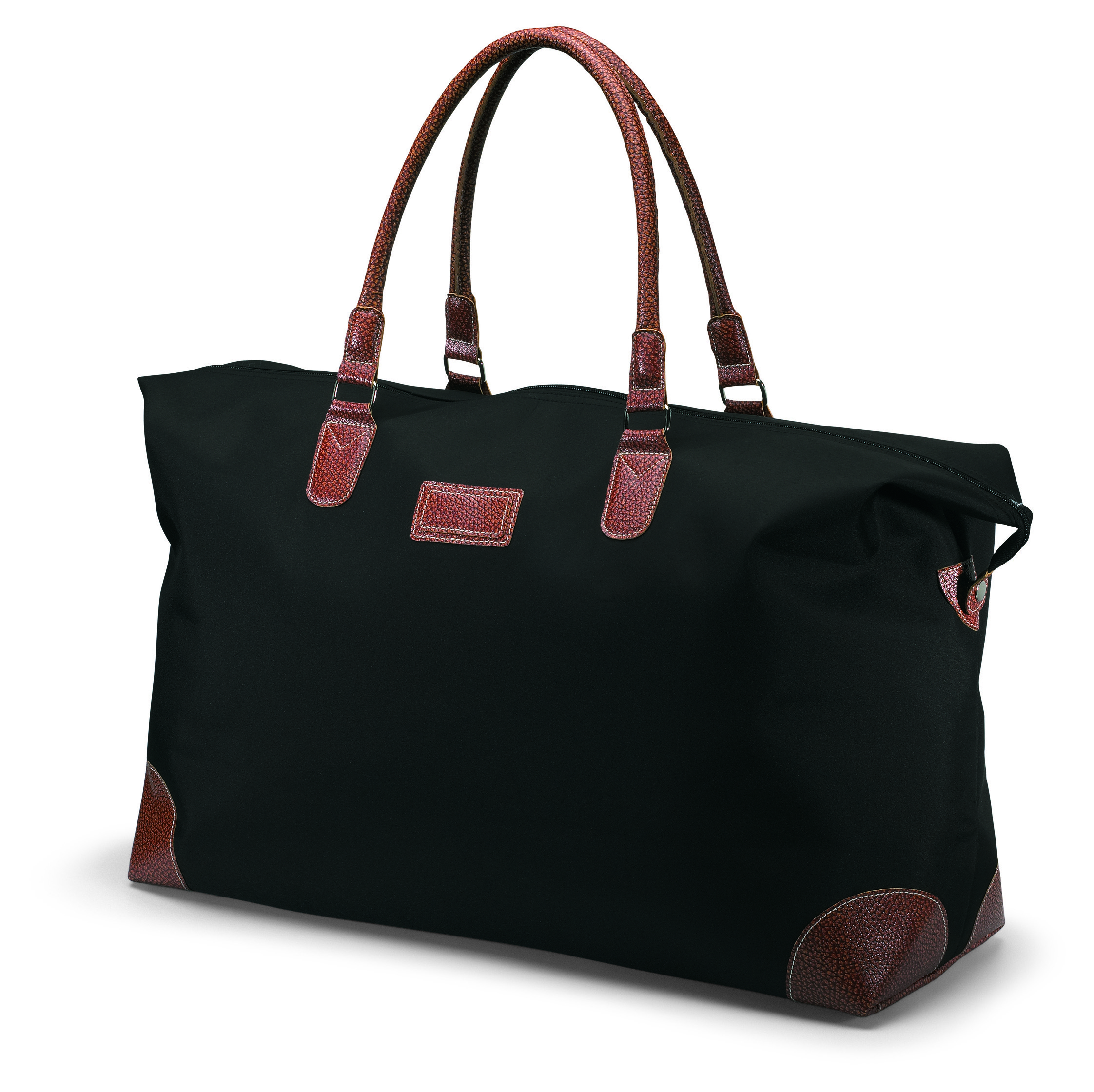 handtasche, schwarze tasche, braune lederakzente, duffel-stil, rechteckige tasche, Tote-Tasche, schwarze Tasche, braune Akzente, Lederkanten, Doppelhenkel, Handtasche, schwarze Tasche, braune Träger, Reisebag, Canvas/Material unten links